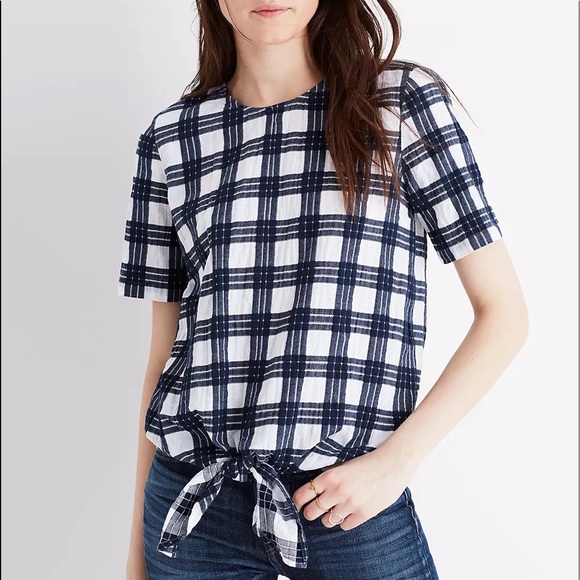 Madewell Blue Plaid Tie Front Buttons Down Blouse Top - Picture 3 of 12